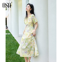 欧莎法式碎花连衣裙女夏季新款收腰显瘦海边度假花苞袖长裙子 水墨花