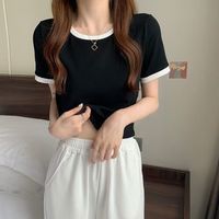 燠阳撞色圆领短袖t恤女2025年新款夏季打底衫韩版修身短款学生上衣潮   【109-120斤】