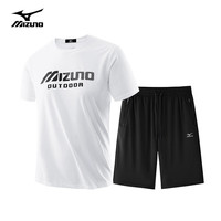 美津浓 Mizuno户外套装男夏季透气凉爽圆领半截袖休闲短裤百搭组合装 白色+黑色 L