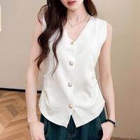 甜美气质减龄精美纽扣女士V领无袖针织衫侧边褶皱修身显瘦上衣女
