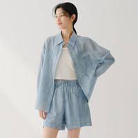【上衣+裤】落肩袖衬衫外套女植物晕染短裤女夏含天丝套装女夏装