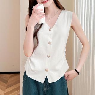 甜美气质减龄精美纽扣女士V领无袖针织衫侧边褶皱修身显瘦上衣女