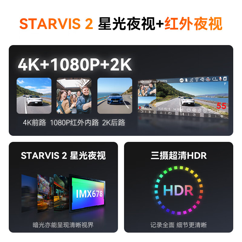 万奇欧N4ProS高清4k超清行车记录仪前后双录车内外车载无线互联双镜头 黑色 套餐三（N4PS+512G+数显降压线+偏光镜）