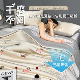 红豆家纺 HODO HOME红豆夏季轻奢刺绣冰丝四件套裸睡高级感空调夏凉被套件床上用品可机洗 腊肠狗-香槟灰 【丝滑凉爽裸睡】 2.0*2.3m夏凉被四件套/ 床单款 .