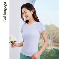 凡圣瑜伽上衣条纹一体织短袖女高弹无缝专业瑜伽服跑步t恤F13309 清雅紫 L