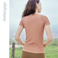 凡圣瑜伽上衣条纹一体织短袖女高弹无缝专业瑜伽服跑步t恤F13309 香草咖 S