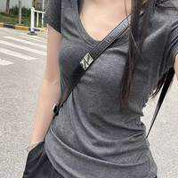 视赞 修身U领正肩短袖T恤 灰色 S