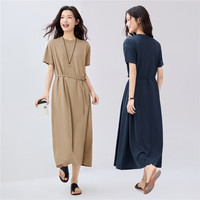 佐丹奴裙子女夏季黑科技凉感绑带纯色圆领短袖连衣裙05465479 35沉香卡其 M