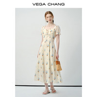 VEGA CHANG碎花连衣裙女2025年新款夏季度假风法式方领泡泡袖长裙 碎花