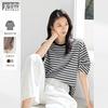 对白 2025夏装松弛感撞色条纹女式圆领短袖T恤时尚宽松休闲