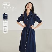 2025夏装丹宁风简约通勤泡泡袖牛仔裙女式翻领长款短袖裙子