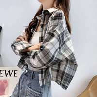 FSHE设计感小众格子衬衫女夏秋2025新款韩版百搭长袖短款上衣薄外套潮 小格子短款衬衣  建议120-130斤