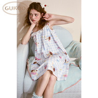 果壳(Gukoo)睡裙女夏季新款派对小狗纯棉格纹女士家居服吊带睡裙 海水蓝 S