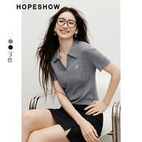 红袖复古绞花短袖针织衫2025夏季女装字母绣正肩POLO领别致短上衣 藏青495 L