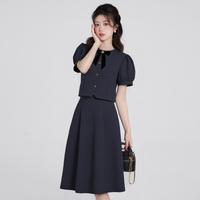 【甜美两件套】春夏季女短袖蝴蝶结圆领上衣+显瘦半身中长裙女
