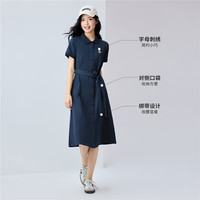 佐丹奴裙子女夏季学院风纯棉刺绣绑带翻领短袖连衣裙13465303 67选美蓝 XL