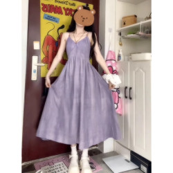 FOURDATRY 法式紫色吊带裙女夏季新款感气质度假长裙 紫色