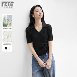 DUIBAI 2025夏装新中式V领正肩抽褶女式短袖针织衫