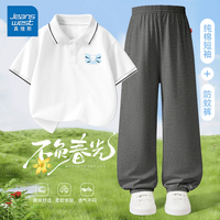 JEANSWEST CLUB儿童套装2025夏装polo领印花可爱运动长裤休闲套装 J领结熊X白色+灰色 150