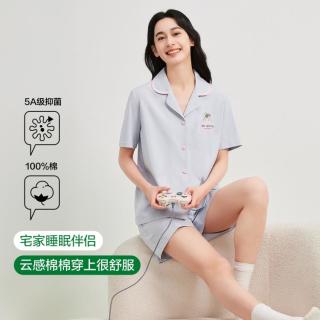 YOUKESHU 5A抑菌 凉感纯棉 夏季女士开衫短袖短裤睡衣女士家居服套装