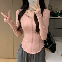 诗莉奥（SHILIAO）帽遮阳衣外套女夏季修身冰丝运动瑜伽遮阳服开衫短款上夏衣 粉色-连帽款 L 码【适合95-110斤】