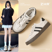 ZHR德训鞋女撞色复古平底系带休闲板鞋通勤时尚百搭个性潮流鞋子女秋 米黑色 38