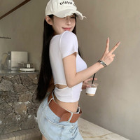 黑色U领露腰短袖T恤女夏季辣妹紧身短款正肩体恤后背镂空低领上衣 白色 M