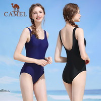 CAMEL【夏季款】骆驼连体泳衣女士款遮肚子遮肉裙式游泳泡温泉性感泳装 XXL 【常规款】黑色/白色，Y0S1WG606A5（连体平角裤）