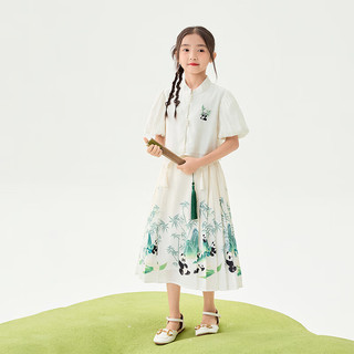 茵曼女童马面裙熊猫印花2025夏季儿童中大童薄款透气半身裙中国风 杏色竹子 140 cm