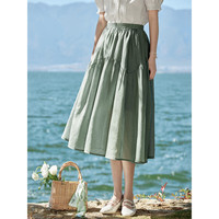 茵曼（INMAN）时尚清新半身裙女夏季小众松紧腰中长款蓬蓬裙 墨绿色-新 M