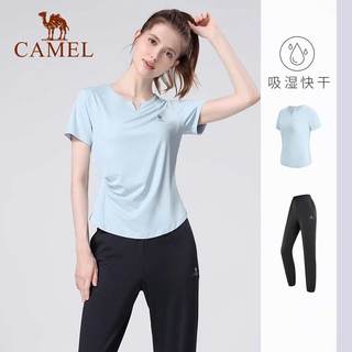 骆驼 CAMEL瑜伽服套装女夏季户外跑步服短袖运动服时尚服清爽吸汗 S
