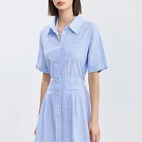 舒适全棉小清新条纹连衣裙女夏季显瘦收腰衬衫连衣裙长裙