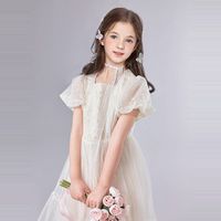 【法式方领绣花网纱裙】笛莎女童25夏儿童中大童夏装泡泡袖公主裙