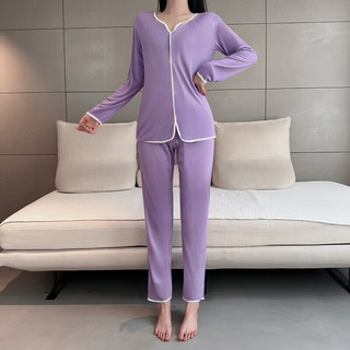 欲动秋冬隐形拉链开裆睡衣家居服套装免脱开档裤可外穿女全拉链裤方便 紫罗兰 均码