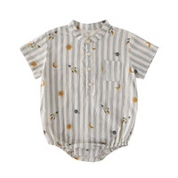 Oak mont夏季婴儿衣服宝宝衬衫包屁衣纯棉周岁连体衣条纹男童衬衣