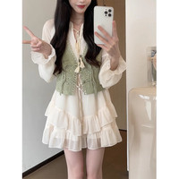 雪妃蓝琪森系甜美连衣裙2024韩版气质收腰显瘦短裙花边氛围感a字裙子 黑色长款 S