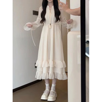 雪妃蓝琪森系甜美连衣裙2024韩版气质收腰显瘦短裙花边氛围感a字裙子 杏色长款 S