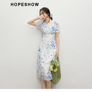 红袖 碎花连衣裙2025夏季女装收腰V领气质雪纺茶歇裙 白底蓝花674