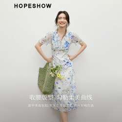 红袖 碎花雪纺连衣裙 V领收腰 白底蓝花 M
