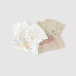 巴厘小猪 女童短袖T恤夏季薄款儿童休闲服超萌可爱婴幼儿衣服夏款宝宝上衣 米白 米白 100
