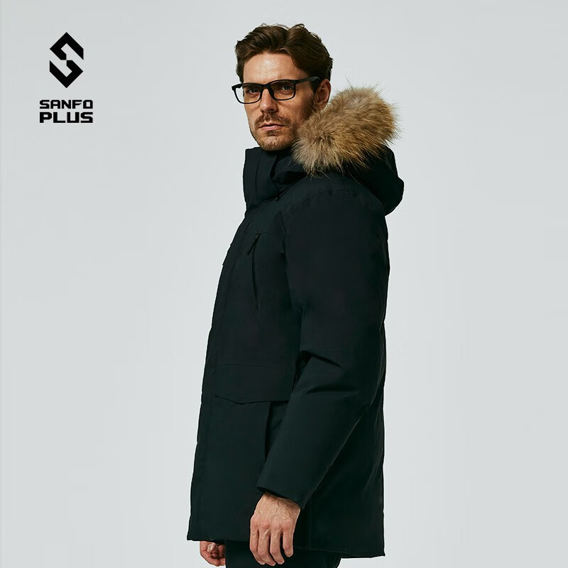 SANFO PLUS户外防寒鹅绒工装羽绒服男户外连帽防风派克羽绒大衣