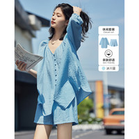 德玛纳 夏装V领中袖衬衫上衣短裤套装女 S