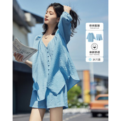 德玛纳 夏装V领中袖衬衫上衣短裤套装女 S