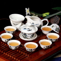 杰艺 陶瓷功夫茶具套装整套青花简易茶海青花瓷盖碗茶杯套装家用茶具 12头功夫茶具(蓝山水) 礼盒包装