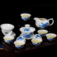 杰艺 陶瓷功夫茶具套装整套青花简易茶海青花瓷盖碗茶杯套装家用茶具 12头功夫茶具(水点桃花) 普通包装