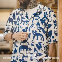 马登 MADEN工装 美式复古印第安图腾花衬衫古巴领涂鸦短袖沙滩衬衣男夏