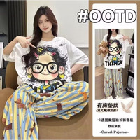 巴洛莲 BORORAMCC云朵棉带胸垫睡衣女短袖长裤夏季家居服套装外穿 610眼镜女孩 2XL 默认尺码4 建议130-145斤