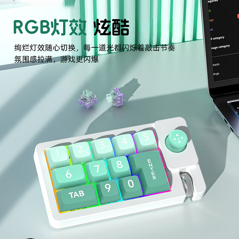  獭惠 全键热插拔 自定义小键盘 有线摇杆 RGB灯光 键线分离  机械轴 翠绿色 RGB