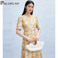 帕罗（PALUOPO）2025真丝印花连衣裙女19姆米斜纹绸V领衬衫裙收腰100%桑蚕丝战袍