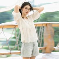 香影 X.YING王楚然明星同款法式上衣女夏季v领衬衫女镂空小衫宽松娃娃衫上衣